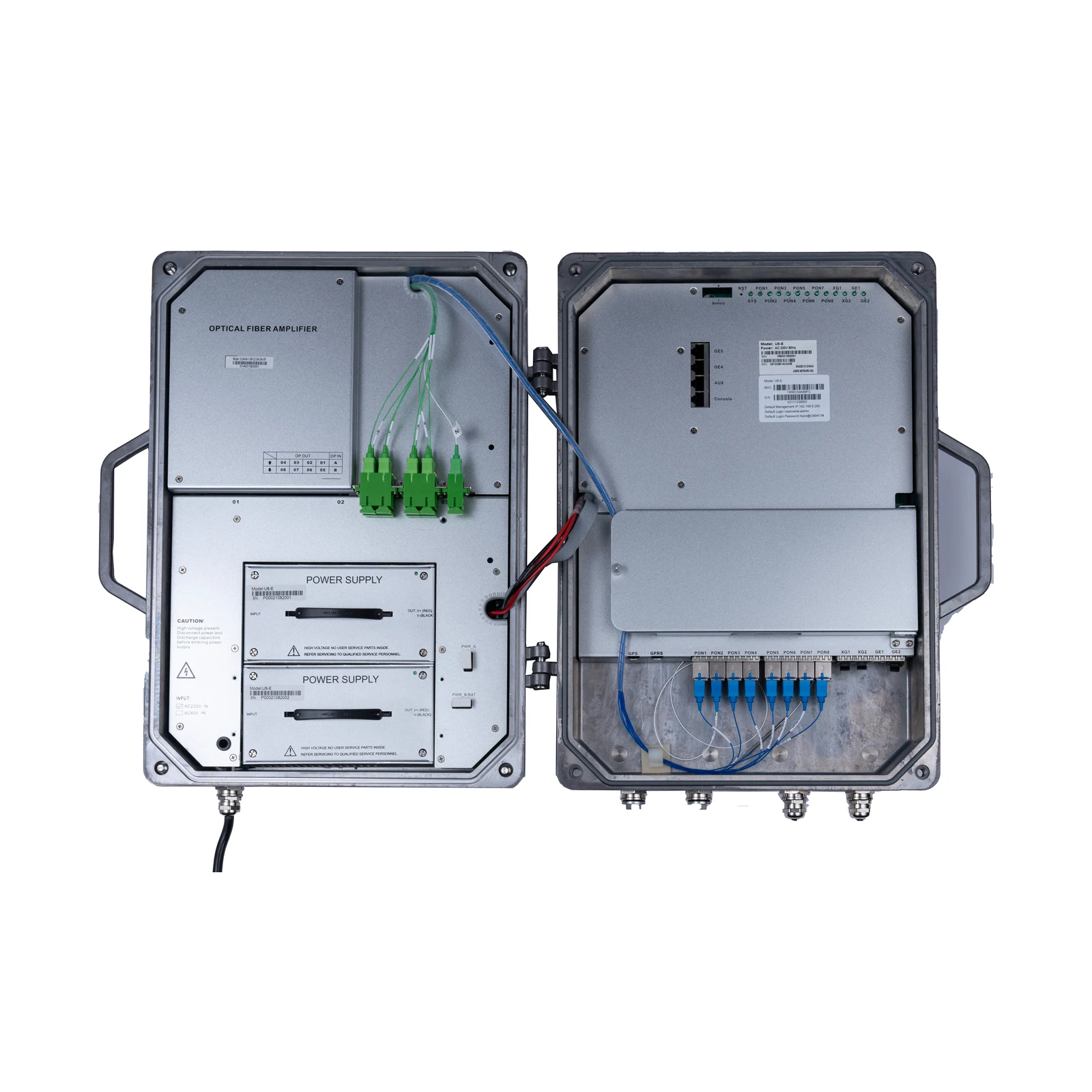 U8 outdoor GPON OLT with the door open, showing the EDFA module, dual power supplies and the PON output field